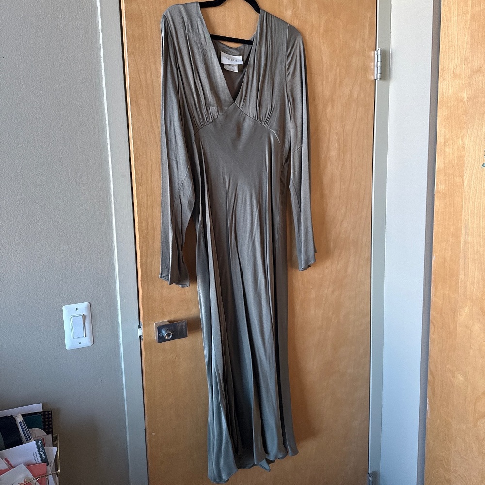 BHLDN Olive Green Midi Dress with V-Neck and Side Slit - Picture 4 of 7